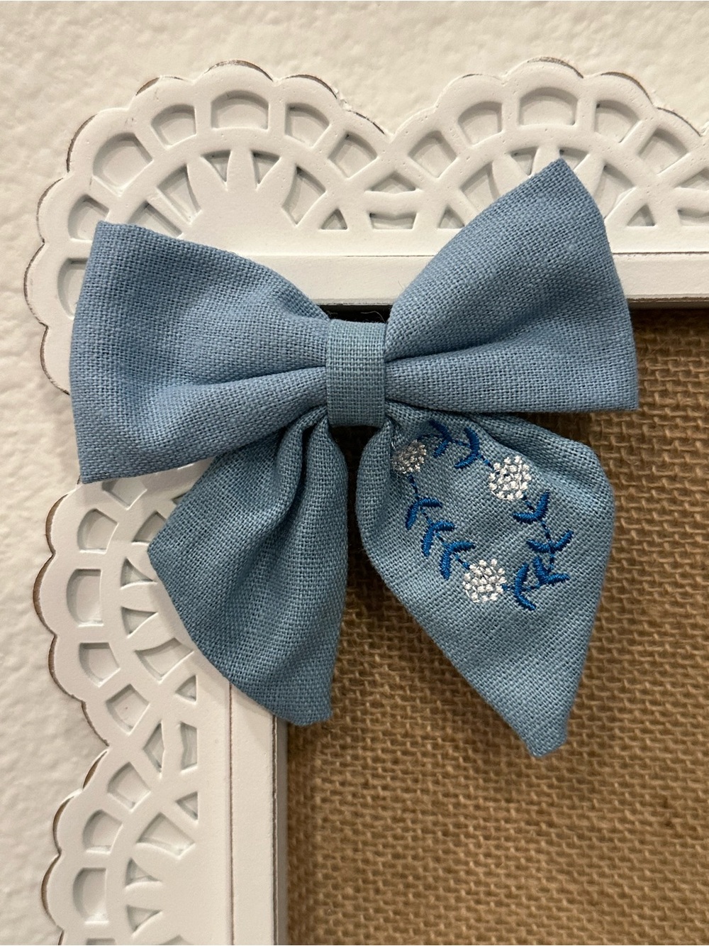 Blue Embroidered Fabric Hair Bow
